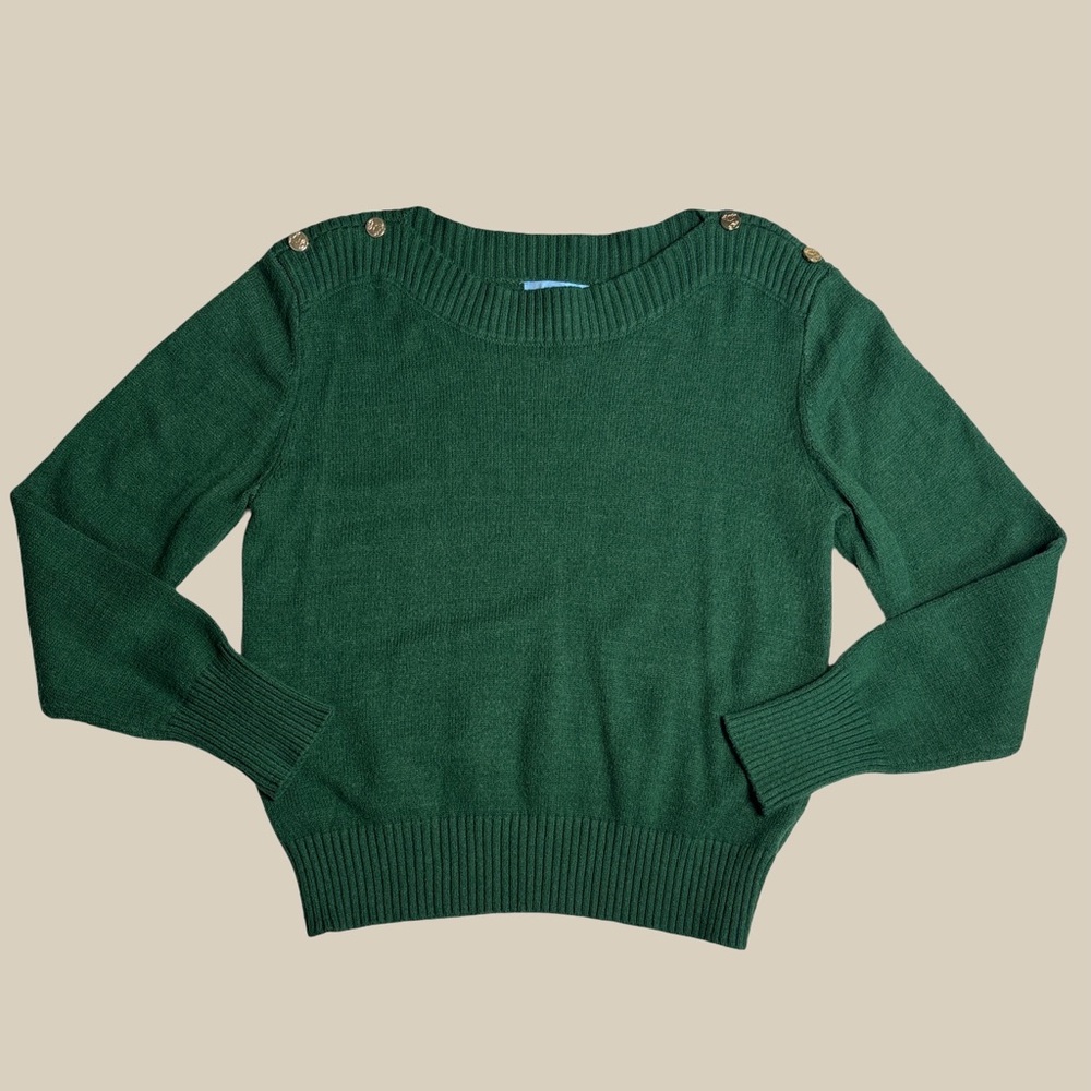 Draper James Women’s Green Knit Sweater Gold Button Shoulder Detail Holiday SZ M - Picture 2 of 5